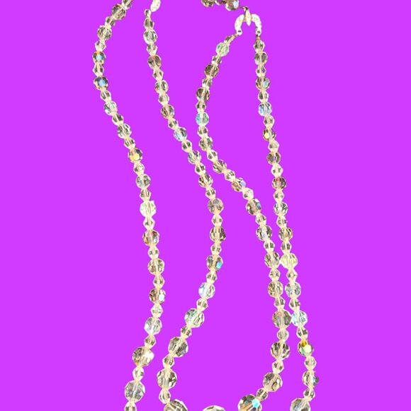 VINTAGE AB CRYSTAL 2 STRAND NECKLACE  17 IN & 18 IN PLUS EXTENSION CHAIN W HOOK - Picture 2 of 5